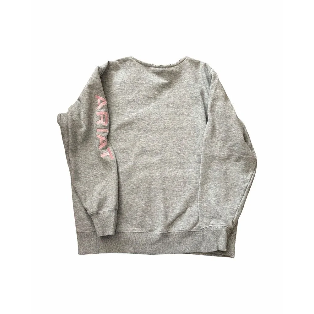 Ariat Women's Gray Fleece Pink Logo Pullover Sweatshirt Western See Measurements